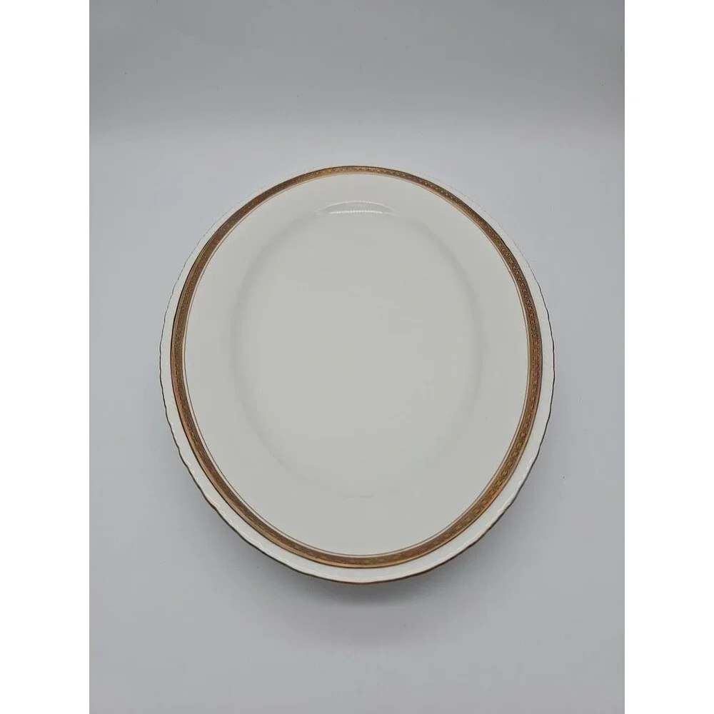 Rorstrand Sweden Oval Porcelain Platter #523 Gold Ribbon Pattern 13.25